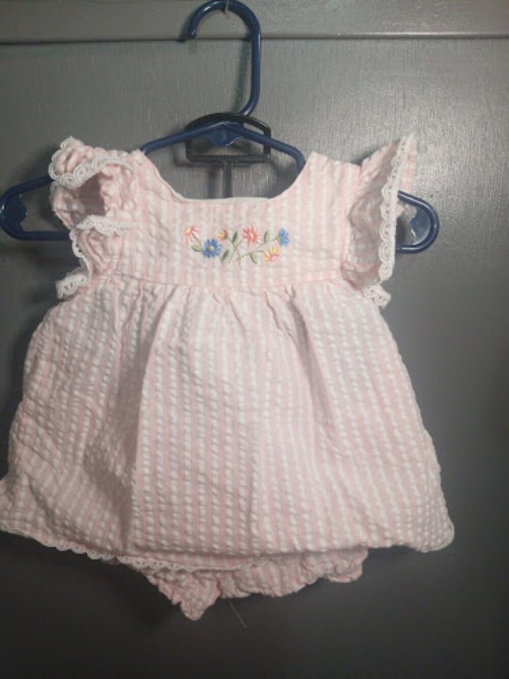 Little Me Pink Seersucker Floral Lace Dress & Bloomer Set 18M